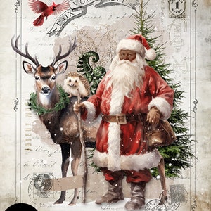 Black Santa Collage, Cerf, Hérisson, Cardinal, Arbre, Fougère, Neige, Timbre, Collage, vintage, Impression, Numérique, Téléchargement instantané, Téléchargement numérique