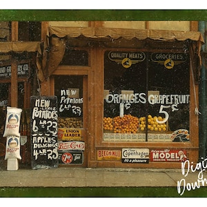 May include: A vintage shopfront with a sign advertising oranges for 1 shilling and grapefruit for 5 shillings. The shop also sells potatoes, apples, and other produce. There are signs for Union Leader cigarettes, Pepsi Cola, and 7-Up. The shop is located in a city and has a brick facade.