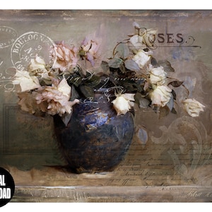 Blue Vase of Roses Paper, White Roses Download, Vintage, Roses, Vase, Bouquet, Instant Download, Decoupage, Planner, Journal, Decal