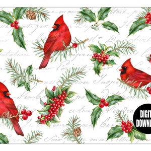 Kerstkardinalen en Holly, Kardinaal, Holly, Aquarel, Decoupagepapier, Direct downloaden, Digitaal, Decoupage, Digitale download