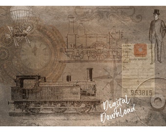 Steampunk Travel Collage Digital Print, Steampunk Collage Print, Steampunk Print, Locomotive, Travel, Download, Printable
