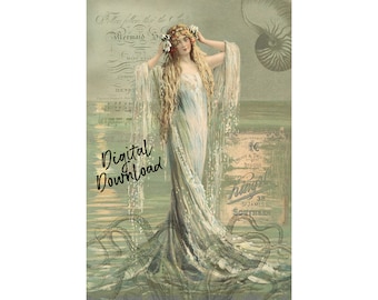 May include: A vintage illustration of a mermaid with long flowing hair and a seashell crown. She is standing in the ocean with an octopus tentacle wrapping around her leg. The image has a green and blue color scheme and includes the text "Follow faster than the Sea Mermaid Song".