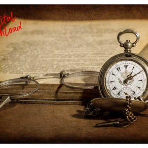 Vintage Book and Pocket Watch with Glasses Digital Download, Book and Pocket Watch Print, Digital Printable, Digital Download, Printable