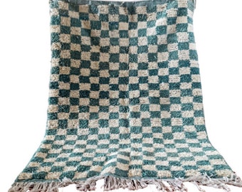 Boujaad Moroccan Rug - blue and white checkerboard pattern / geometric carpet