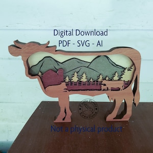 Layered Cow Laser Cut Files | Digital Download | 5 Layers Cow with Farm Scene laser file