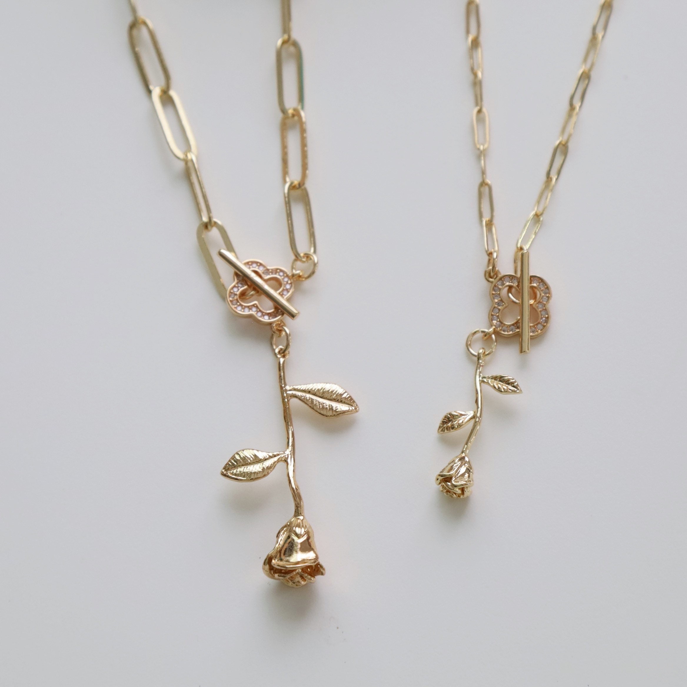 Gold Rose Necklace Paperclip Necklace Flower Necklace Rose Etsy