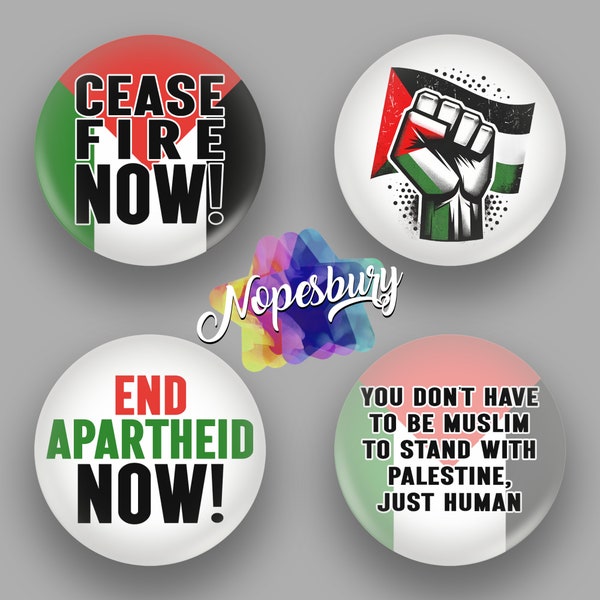 Badge de soutien à la solidarité palestinienne Ensemble de 4 | 56 mm | Bouton Pinback Mouvement de rassemblement de protestation de communauté - cessez le feu maintenant !