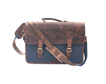 Handmade Canvas Leather Laptop Travel Messenger Bag For Unisex