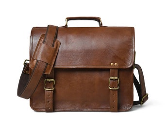 14 Inch Genuine Leather Messenger Bag Vintage Brown Small Briefcase Shoulder Cross Body Satchel for Men and Women