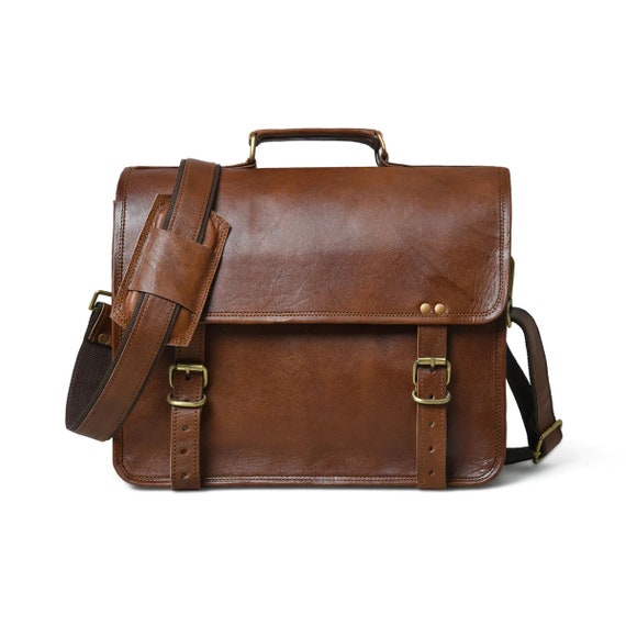 14 Inch Genuine Leather Messenger Bag Vintage Brown Small Briefcase Shoulder Cross Body Satchel for Men and Women