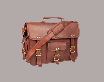 Leather Messenger Satchel Travel Crossbody Laptop Briefcase Unisex College School Document 15" inch bag for Men & Women