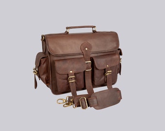 15"inch Vintage Soft Leather Messenger Brown Real Laptop Satchel Bag Genuine Briefcase for Office Best Gift for Him & Her.