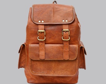 15 Inch Handmade Vintage Genuine Leather Backpack Laptop Bag Casual Hiking Campaign Daypack for Men & Women Travel Bag