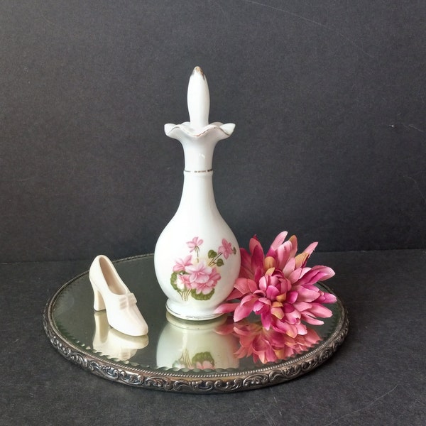 Vintage Porcelain Perfume Bath Oil Bottle Bubble Bath White Pink Floral & Gold