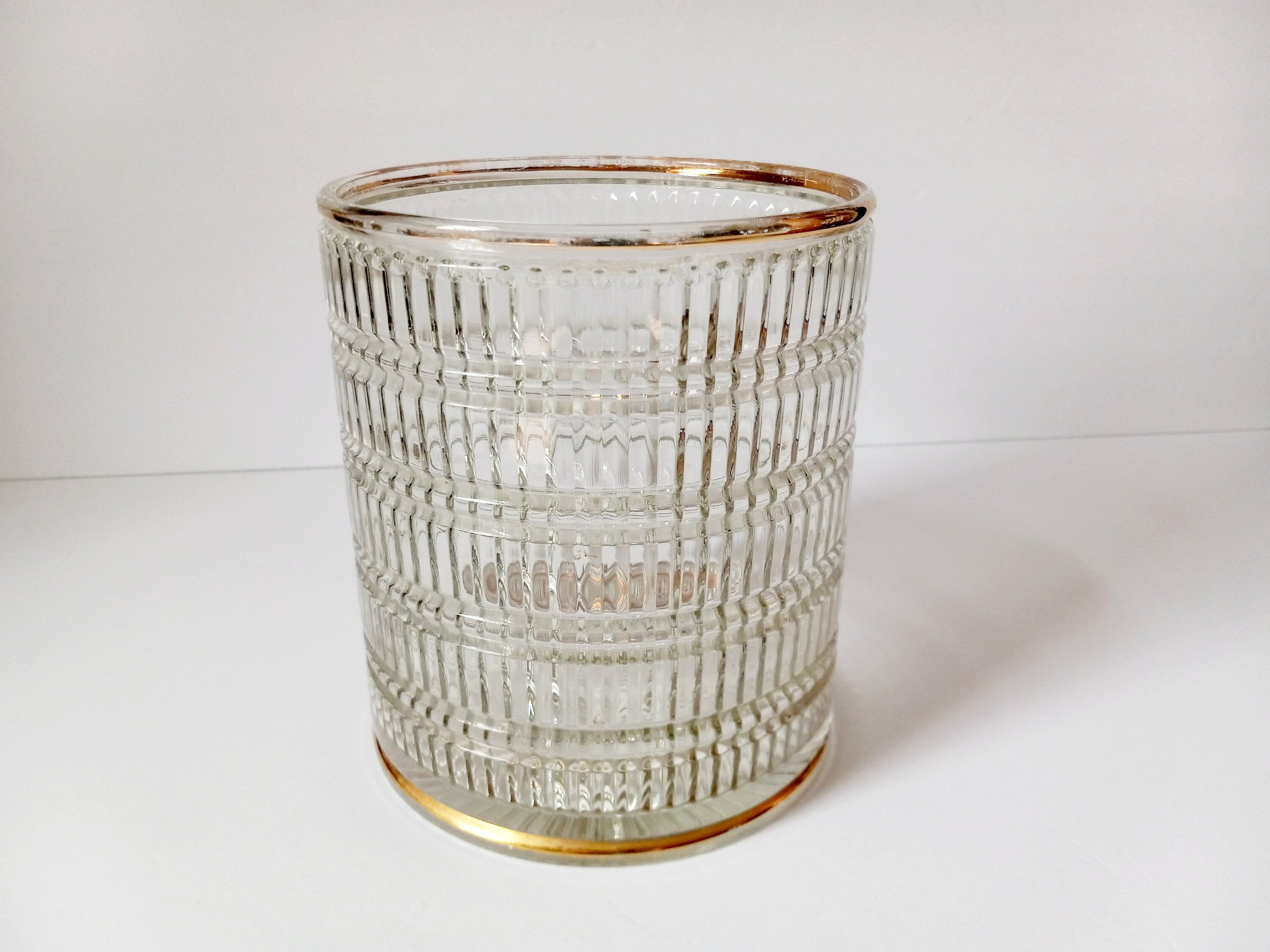 Vintage Large Ribbed Glass Vase Gold Rim MCM Ice Jar Mid Etsy