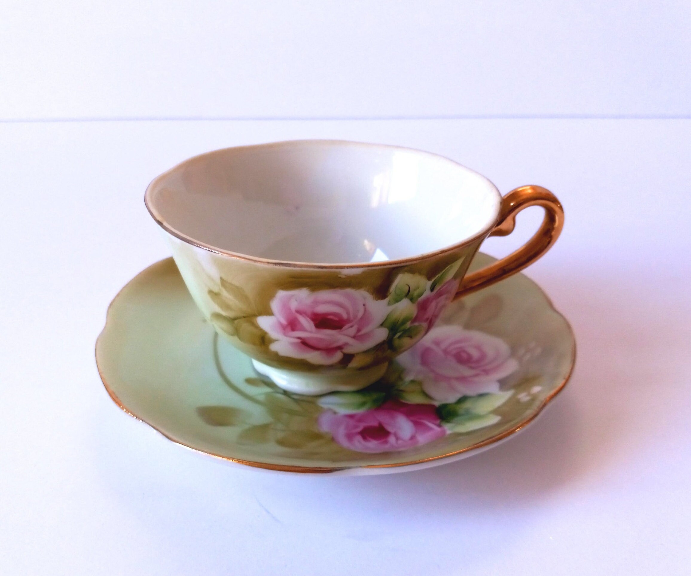 Vintage Lefton China Tea Cup and Saucer Green Heritage Rose Etsy