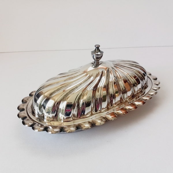 Vintage Silver-plated Butter Dish with Lid and Glass Insert - Serving Tray Large