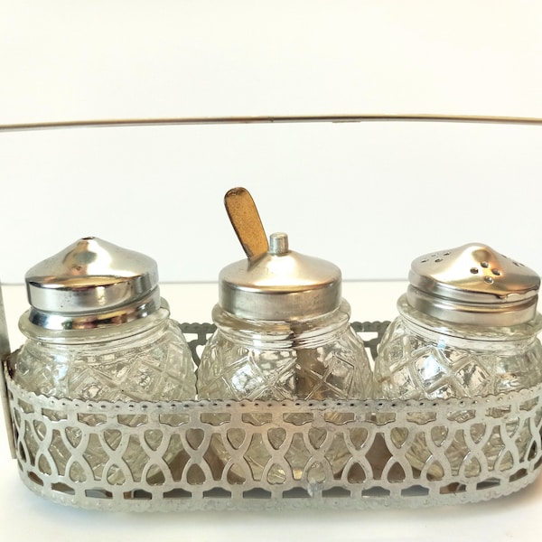 Chrome Metal Pierced Caddy with Salt Pepper Sugar Jars and Lids Condiment Tray with Handle Victorian Style