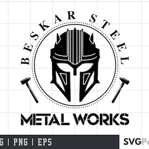 May include: Black and white logo design for a metalworking company called "Beskar Steel Metal Works". The logo features a stylised helmet with a hammer on each side.