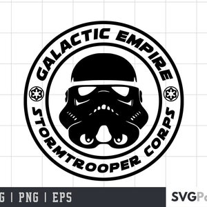 May include: Black and white graphic design of a Star Wars Stormtrooper helmet with the text "Galactic Empire Stormtrooper Corps" around the helmet.