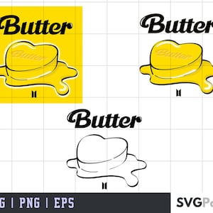May include: A digital illustration of a heart-shaped stick of butter melting on a yellow background. The word "Butter" is written in black above the butter and again on the stick of butter. The word "Butter" is also written in black below the butter, but this time in a stylized font.