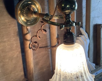 Antique brass ships gimbal light with frosted and etched glass shade.