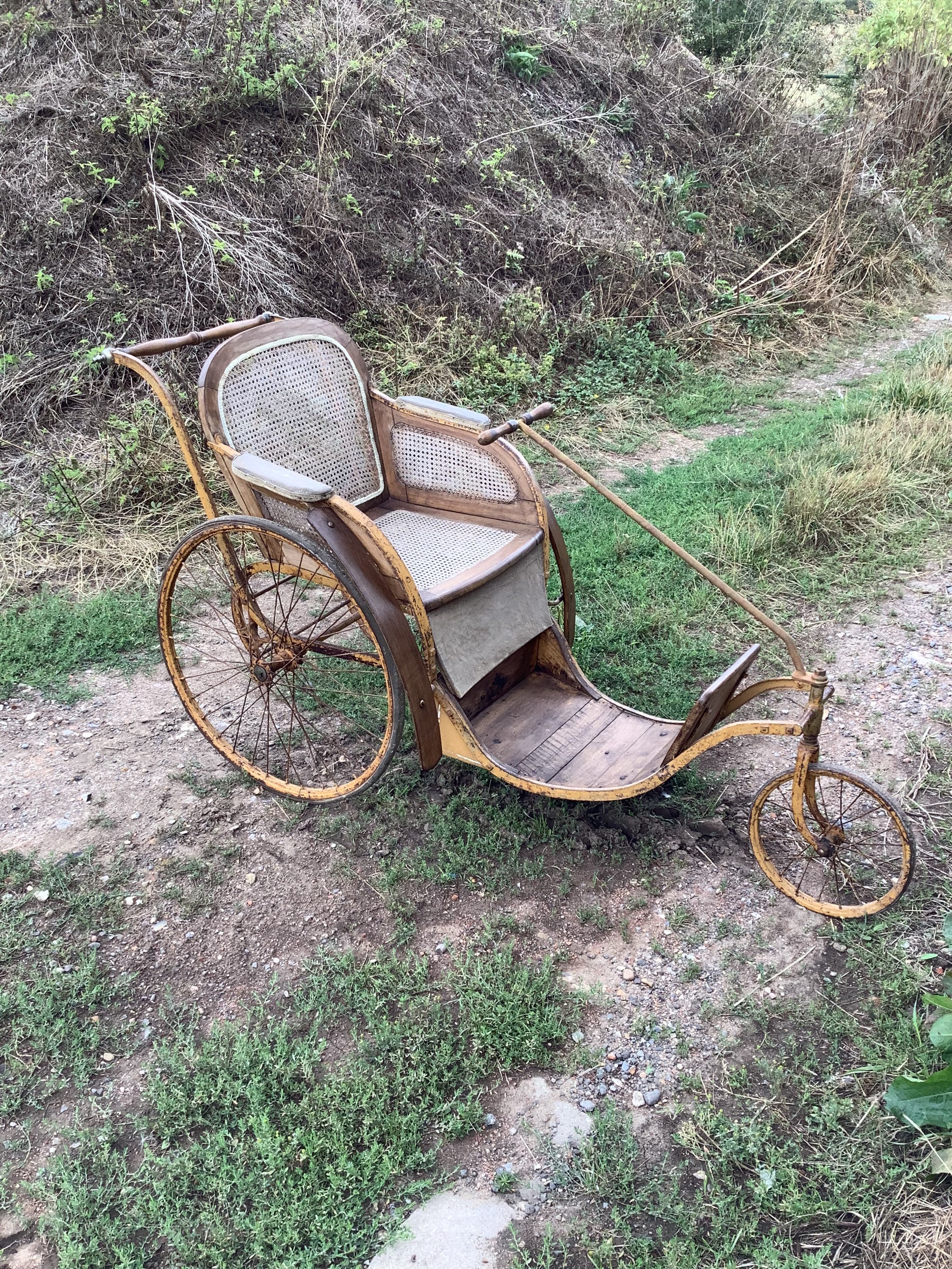 Museum piece c1900 antique bath chair with cane work seats iron and wood construction very rare. Parisian maker
