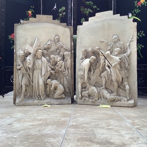 NOW SOLD 19th century Antique French large plaster wall reliefs depicting the stations of the cross numbers 8 & 9. Vintage sculpture