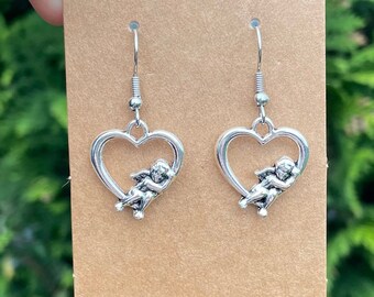 Silver Cupid on Heart Earrings | Cute Dainty Valentine's Day Earrings | French Hook Love Heart | Unique Fun Accessory | Gift for Girlfriend