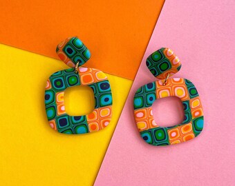 Retro 70s Geometric Earrings | Rounded Square Studs | Handmade Polymer Clay Jewellery | Groovy Unique Accessories | Vector Square Pattern