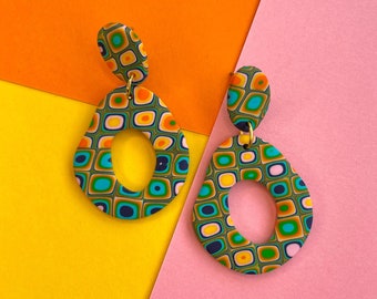 70s Retro Handmade Polymer Clay Earrings | Groovy Funky Hoops | Big Statement Earrings | Geometric Vintage Pattern | Vector Square Hippie