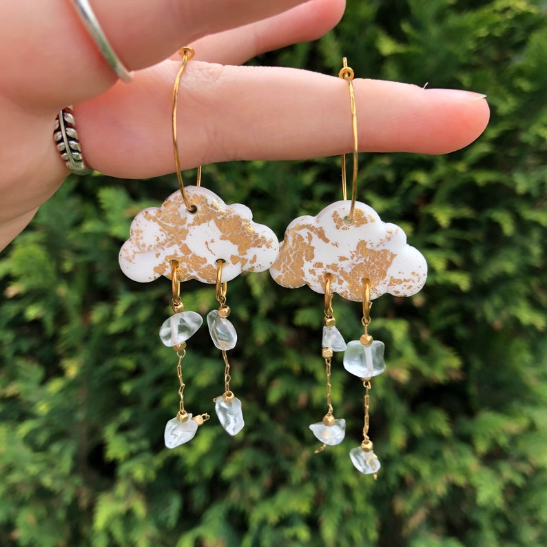 White and Gold Shiny Cloud Earrings Raindrop Cloud Earrings Cloud Crystal Earrings Dangle and Drop Gifts for Her Fairycore image 1