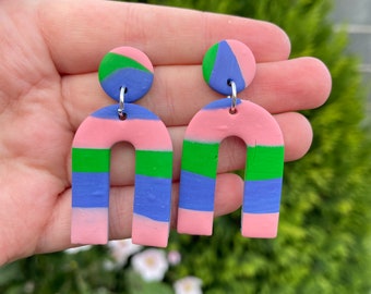 Handmade Striped Polymer Clay Earrings | Funky Retro Earrings | Arched Colourful Earrings | Pink Green Purple Earrings | Valentine's  Gift