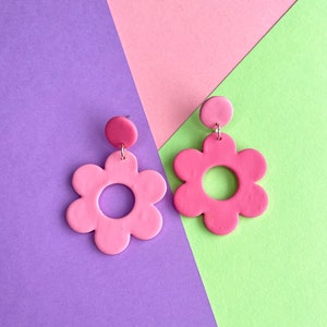 Two Toned Pink Blue Yellow Orange Daisy Flower Earrings | Handmade Polymer Clay Studs | 70s Accessory | Valentine's Day Gift for Her | Girly