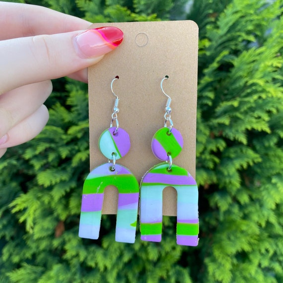 Green and Lavender Retro Funky Handmade Polymer Clay Earrings