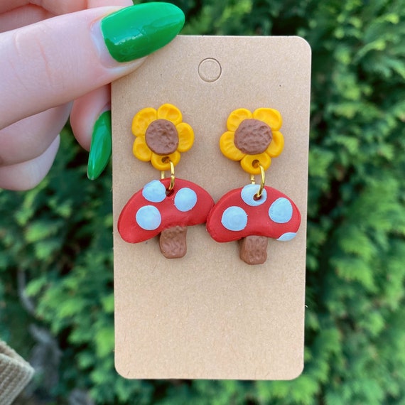 Handmade Funky Polymer Clay Mushroom Earrings Aesthetic Earrings