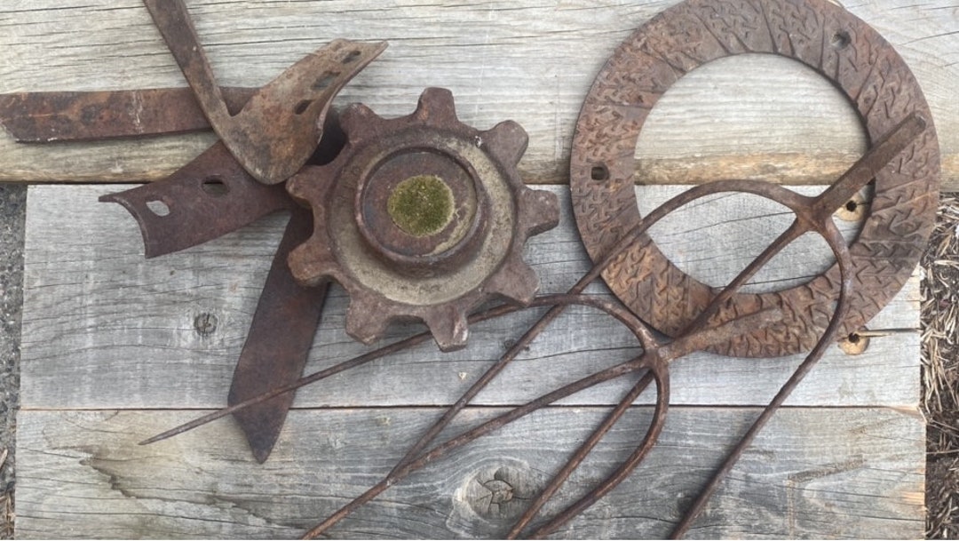 Antique Farm Implement Parts, Weathered, Rusted, Original. Great for