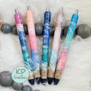 Custom Glitter Beach pen, Glitter pens, Personalized pens, Refillable gel pens with black ink, Sunset Beach pens