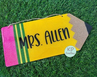Personalized Pencil Door Sign, Glitter Teacher Name Sign, Classroom Door Hanger, Custom Teacher Gift Decor