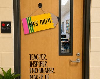 Personalized Pencil Door Sign, Glitter Teacher Name Sign, Classroom Door Hanger, Custom Teacher Gift Decor