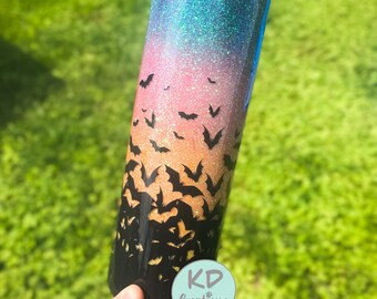 30 oz Bat Tumbler, Halloween Glitter Tumbler, Spooky Night Sky Cup, Colorful Bat Tumbler, Halloween Gift for Her
