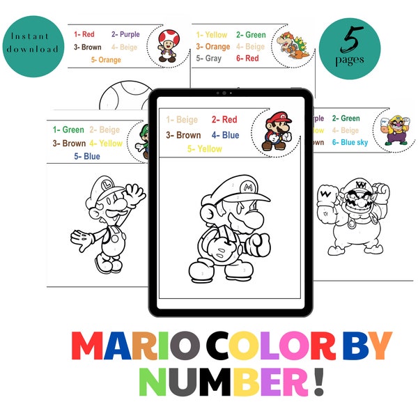 Mario coloring book printable,  color by number kids, Mario coloring book, Mario activity sheet, color by numbers, plane activities,