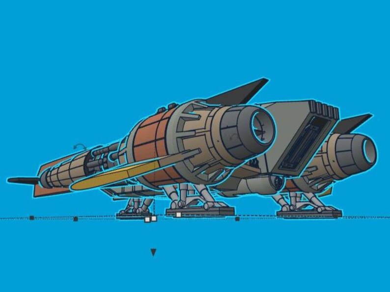 K&ouml;nnte beinhalten: Stilisierte Illustration eines Raumschiffs mit orangefarbenen, beigen und grauen Komponenten vor einem leuchtend blauen Hintergrund. Das Design weist mehrere Triebwerke und Fl&uuml;gel auf, was auf ein futuristisches oder Science-Fiction-Thema hindeutet.