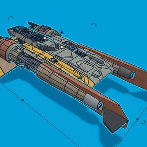 以下が含まれることがあります： 茶色、黄色、グレーの配色をした宇宙船の3Dモデル。宇宙船には2つのエンジン、コックピット、2つの翼があります。背景は単色の青色です。