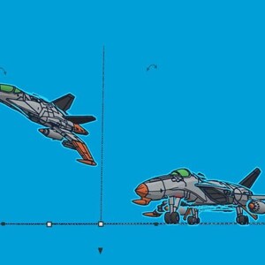 Puede incluir: Dos aviones de combate estilizados sobre un fondo azul brillante. Uno de los aviones est&aacute; inclinado hacia arriba, mientras que el otro est&aacute; posicionado horizontalmente. Los aviones son principalmente grises con detalles en naranja y negro, y ventanas verdes en la cabina.