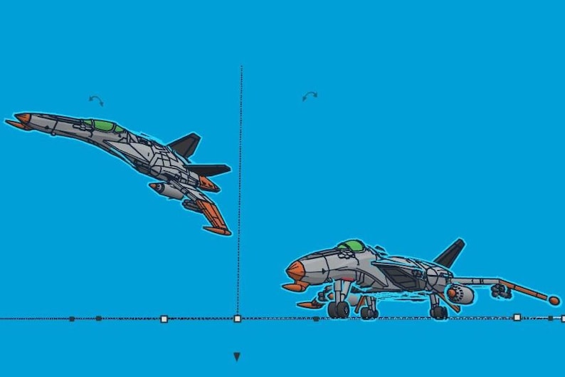 Puede incluir: Dos aviones de combate estilizados sobre un fondo azul brillante. Uno de los aviones est&aacute; inclinado hacia arriba, mientras que el otro est&aacute; posicionado horizontalmente. Los aviones son principalmente grises con detalles en naranja y negro, y ventanas verdes en la cabina.