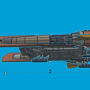K&ouml;nnte beinhalten: Seitenansicht einer Illustration eines Raumschiffs in Braun-, Grau- und Gelbt&ouml;nen. Das Raumschiff hat mehrere Triebwerke und ein detailliertes Design, vor blauem Hintergrund.