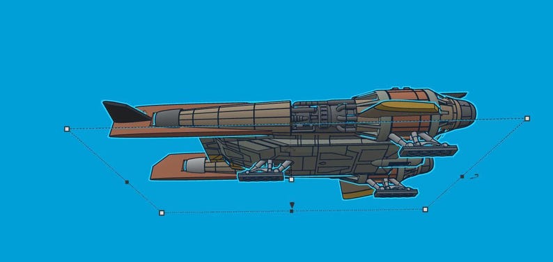 K&ouml;nnte beinhalten: Seitenansicht einer Illustration eines Raumschiffs in Braun-, Grau- und Gelbt&ouml;nen. Das Raumschiff hat mehrere Triebwerke und ein detailliertes Design, vor blauem Hintergrund.