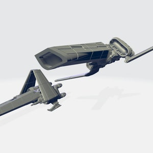 Könnte beinhalten: Graues Modell eines futuristischen Raumschiffs mit einem zentralen Körper, Flügeln und einer langen Antenne. Das Design weist scharfe Winkel und geometrische Formen auf, was auf ein Science-Fiction-Thema hindeutet.