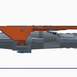 Peut inclure: Un vaisseau spatial gris et orange avec un corps long et fin et une grande aile plate sur le dessus. Le vaisseau spatial a un gros moteur &agrave; l'arri&egrave;re et un plus petit moteur &agrave; l'avant. Le vaisseau spatial vole dans l'espace.